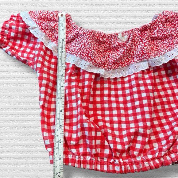 Vintage Bonjour Girls Peasant Top Red Gingham Eyelet Lace Y2K Cottagecore 10/12 - Picture 4 of 8